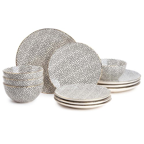 12PCS Dinnerware Black/White Dot Stoneware Set Plates Salad Plates Bowls Home US