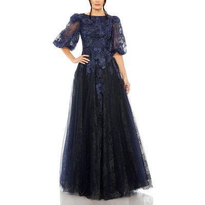 Mac Duggal Womens Navy Glitter Embellished Evening Dress Gown 12 BHFO 4054