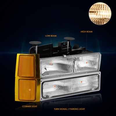 For 94-99 Chevy C/K Pickup Suburban OE Headlight/Lamps Chrome Housing Amber Side
