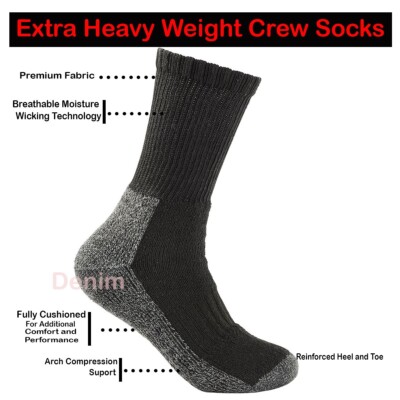 3 Pairs Extra Heavy Athletic Cotton Black Arch Support Socks Work Warm Cushioned