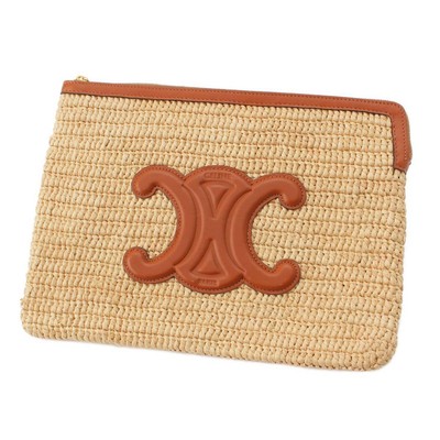 Celine Triomphe Calfskin Raffia Clutch Second Bag Beige Brown Used Appraised Gua
