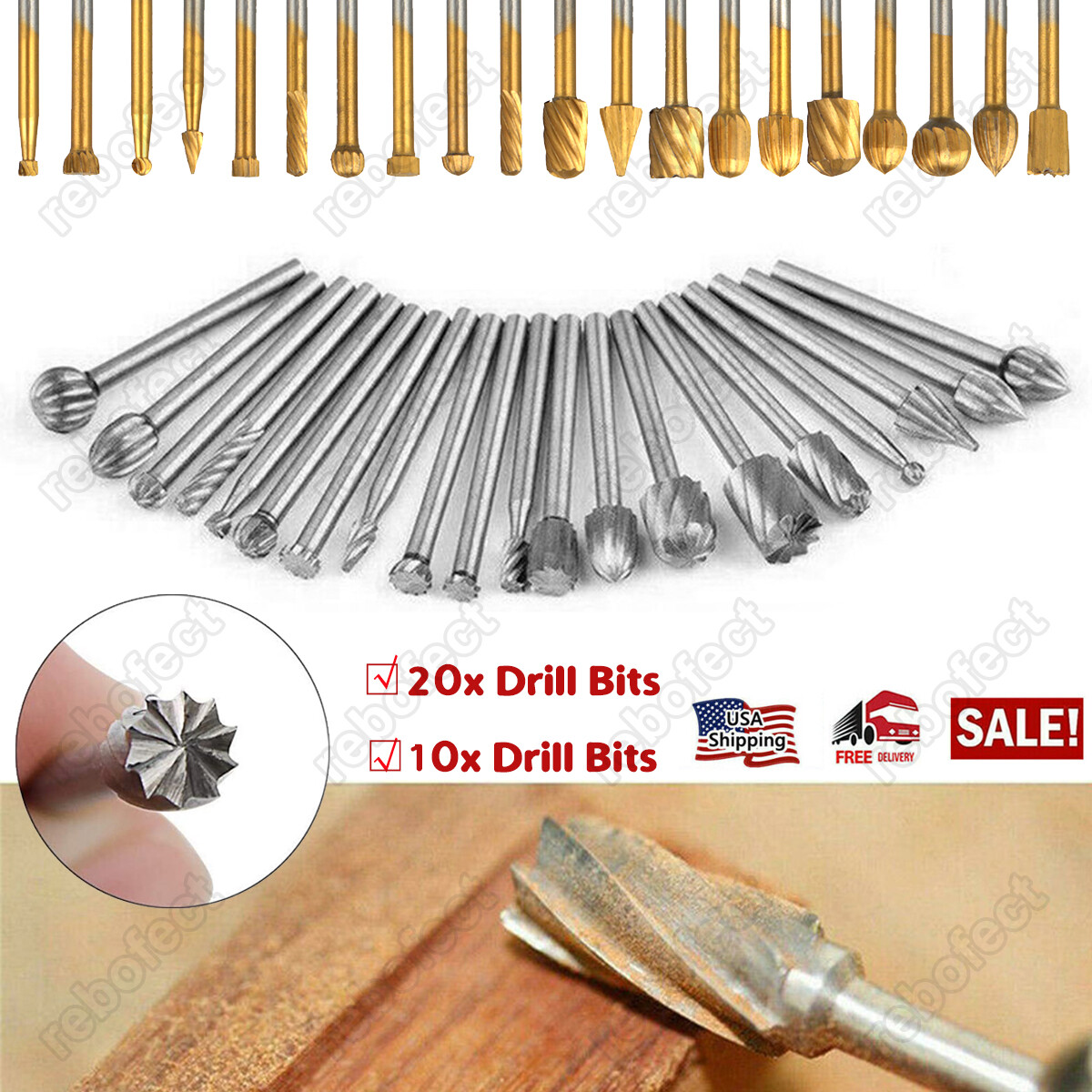 20/10PCS Steel Rotary Burrs High Speed Wood Carving Drill Bits Tool For Dremel