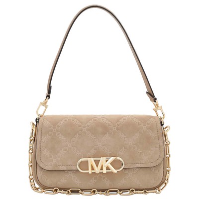 Pre-owned Michael Kors Parker Empire Logo Embossed Suede Shoulder Bag 30f3g7pc2s-222 In Camel