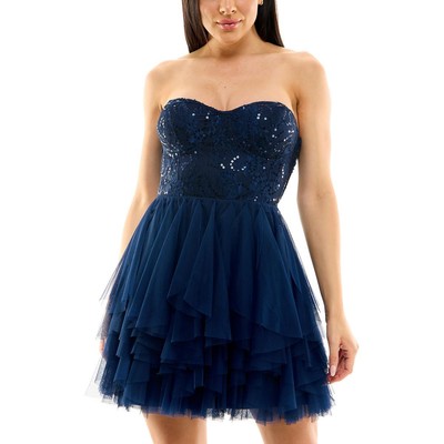 Женское темно-синее платье с кружевной отделкой City Studios Mini Fit & Flare для юниорок 3/4 BHFO 1463