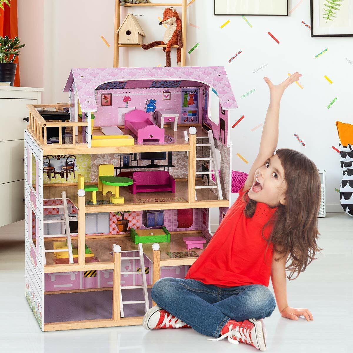 Puppenhaus Puppenstube Puppenvilla Barbiehaus Spielzeughaus Holz mit Möbeln