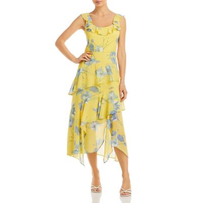 

BCBGMAXAZRIA Желтое многоярусное платье прямого кроя миди с цветочным принтом женское  BHFO 7247, Желтый
