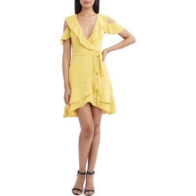 BCBGMAXAZRIA Женское желтое многоуровневое мини-платье с искусственным запахом и открытыми плечами 4 BHFO 2549