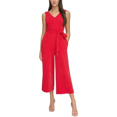 Calvin Klein Womens Red Cropped Metallic V Neck Jumpsuit 6 BHFO 9478