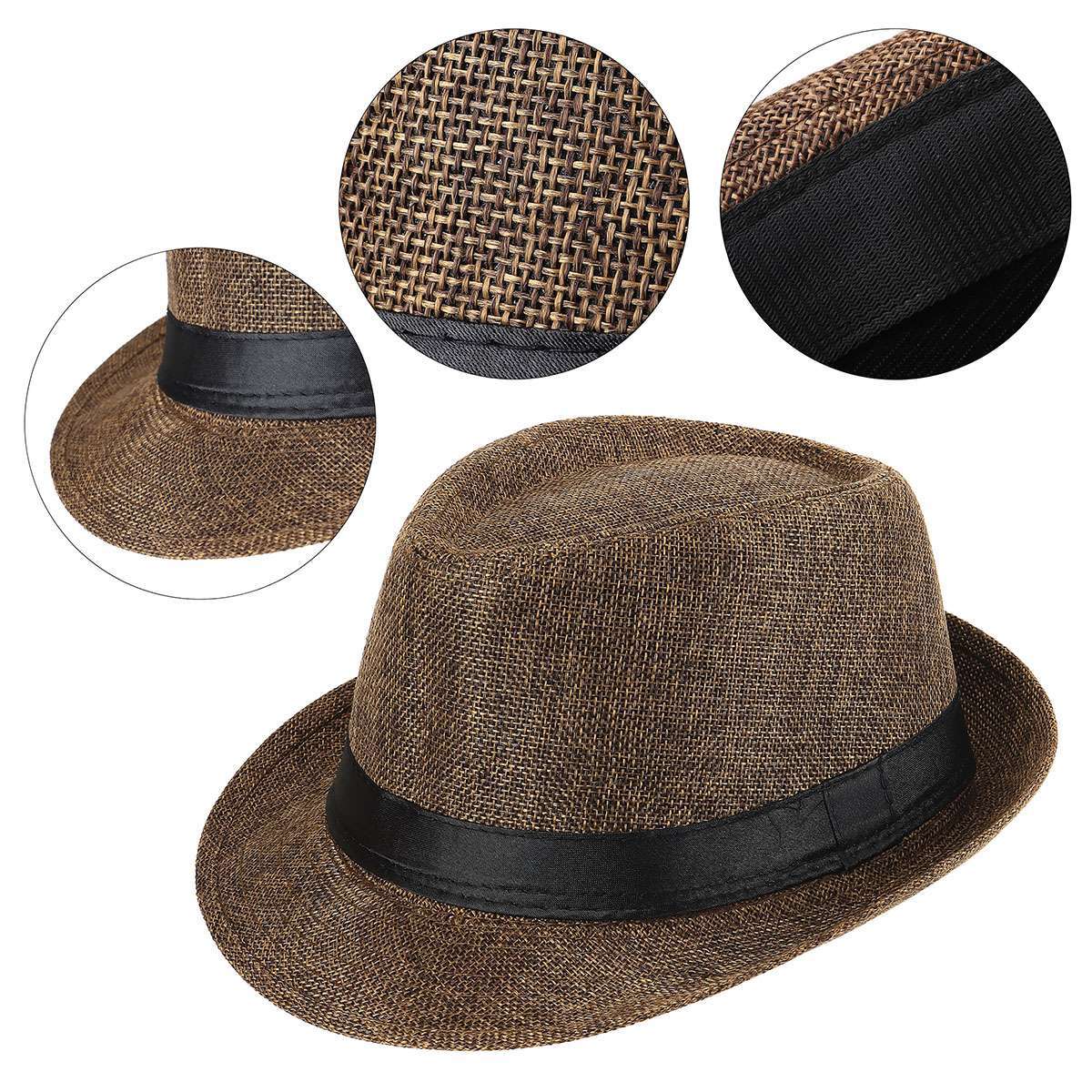 Men Women Straw Jazz Fedora Hat Summer Trilby Cuban Sun Cap Panama Short Brim