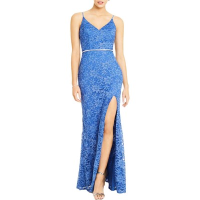 

City Studio Womens Blue Metallic Lace Evening Dress Gown Junior  BHFO 3316, Blue/silver