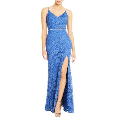 City Studio Womens Blue Metallic Lace Evening Dress Gown Junior 1 BHFO 3316