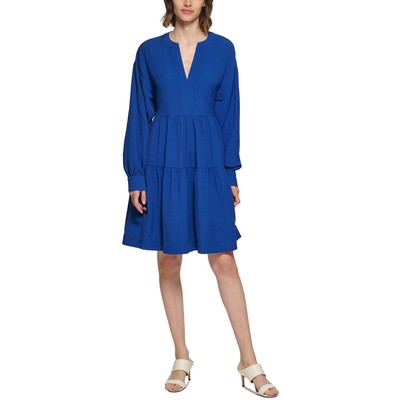 Calvin Klein Womens Blue A-Line Tie Waist Split Neck Mini Dress 16 BHFO 3079