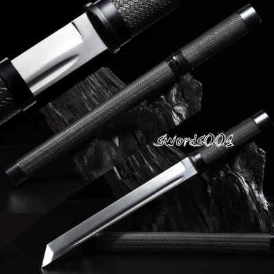 Sharp Edge Tanto Spring Steel Japanese Samurai Black Sword Pu Leather Scabbard