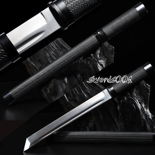 Sharp Edge Tanto Spring Steel Japanese Samurai Black Sword Pu Leather Scabbard