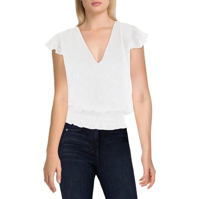Ramy Brook Womens Ivory V Neck Printed Flutter Sleeves Pullover Top S BHFO 7744