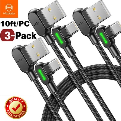 3 Pack 10ft USB Type C Elbow Fast Charger Data Cable For Samsung S23 S22 A14 A54