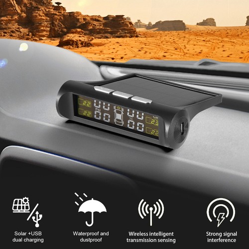 Car Wireless Solar TPMS LCD Tire Pressure Monitoring System w/ 4 External Sensor