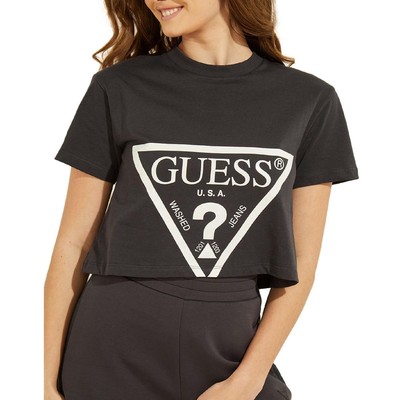

Женская черная хлопковая укороченная футболка Guess Adele, пуловер  BHFO 9977, Blue/graphite grey, Adele
