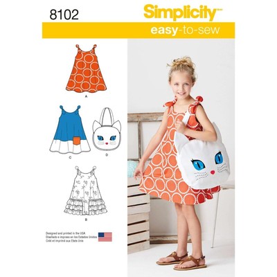 8102 Girl's Cat Tote Bag and Sundress Sewing Pattern, Sizes 3-8
