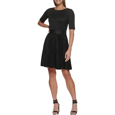 DKNY Womens Black Pleated Short Sleeve Knee-Length Shift Dress 10 BHFO 5691