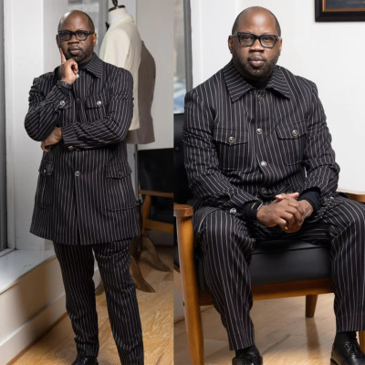 Black Striped Men's Suit Safari Jacket Formal Business Wedding Groom Tuxedo 2pc