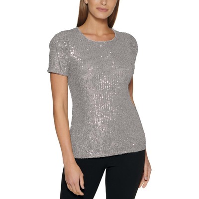 

Женская блузка-рубашка серебристого цвета с пайетками DKNY  BHFO 1094, Серебряный