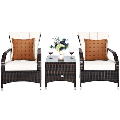 Patiojoy 3PCS Rattan Wiker Single Chair Sofa Furniture Set W/ Table Cushion