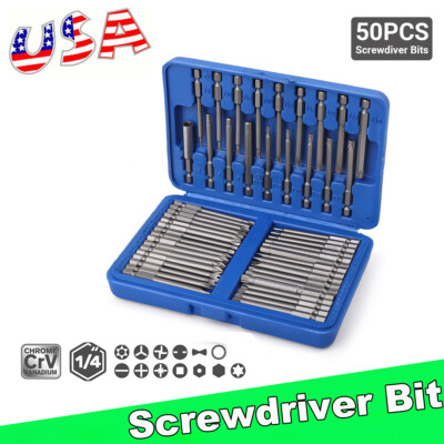 50Pcs Extra Long Security Bits Hex Torx Star Spline Flat Screwdriver Bit Box Set
