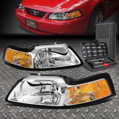 ДЛЯ 99-04 FORD MUSTANG ХРОМИРОВАННЫЙ КОРПУС ЯНТАРНЫХ БОКОВЫХ ФАР ГОЛОВНОГО СВЕТА + НАБОР ИНСТРУМЕНТОВ