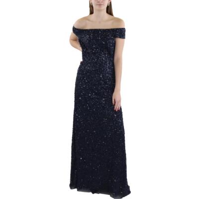 Adrianna Papell Womens Navy Sequin Beaded Formal Evening Dress Gown 10 BHFO 7186