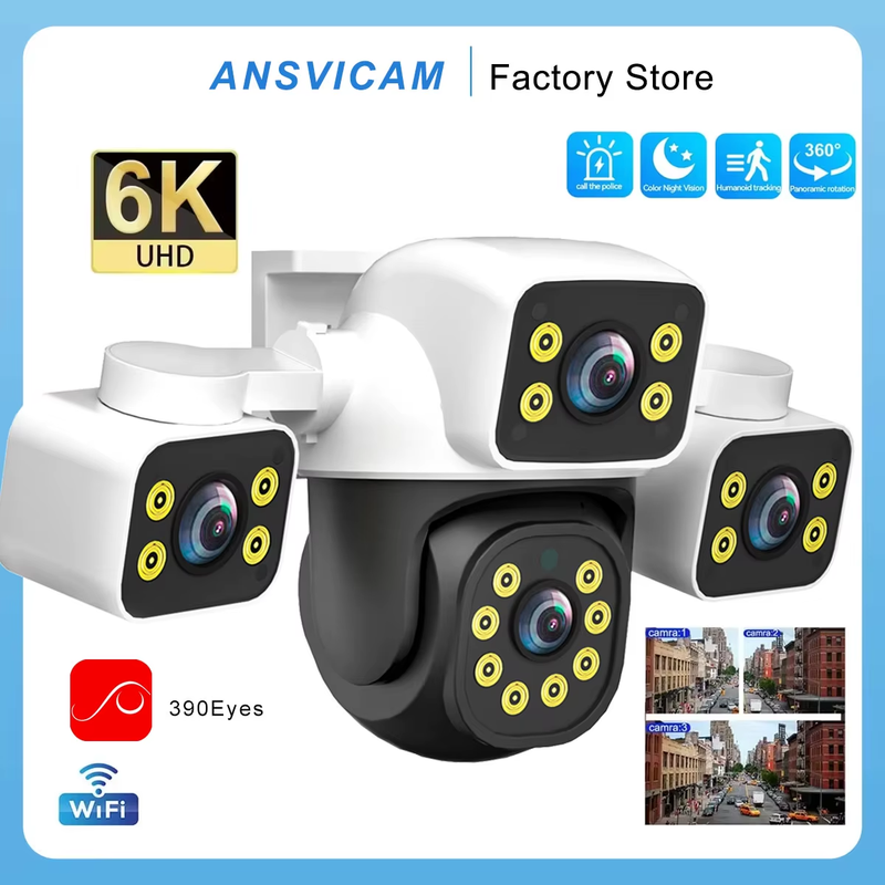 WiFi IP Camera 6K UHD Outdoor 12MP Three Screen Three Lens Human Type AI Detecti