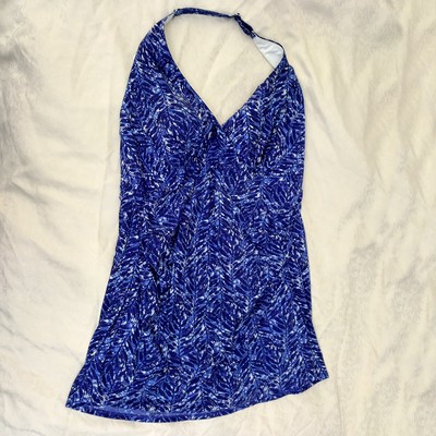 L.L.Bean Womens Shaping Swimsuit Clasp Halter Dress, Size 22W, Blue Black Print