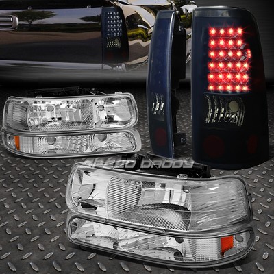 ХРОМИРОВАННАЯ ЯНТАРНАЯ ФАРА + ДЫМЧАТАЯ ЛИНЗА, ЧЕРНЫЙ СВЕТОДИОДНЫЙ ЗАДНИЙ ФОНАРЬ ДЛЯ 99-02 CHEVY SILVERADO