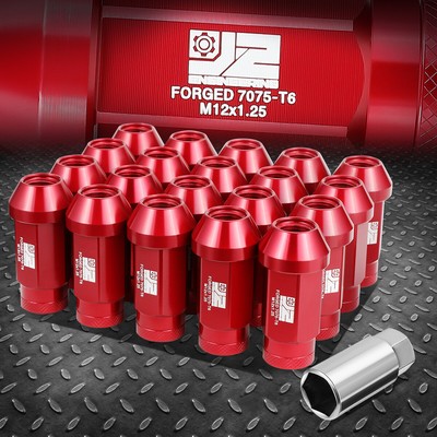 J2 CLOSE-END ALUMINUM KNURLED TOP RED 20 LUG NUTS+KEY M12X1.25 24MM OD/50MM H
