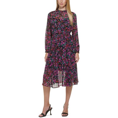 Женское черное шифоновое платье миди с цветочным принтом Calvin Klein, 4 BHFO 5431