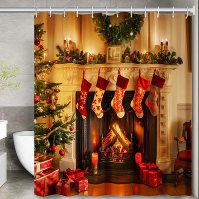 Christmas Shower Curtain: Warm Mantel Fireplace Xmas Stockings Bathroom Showe...