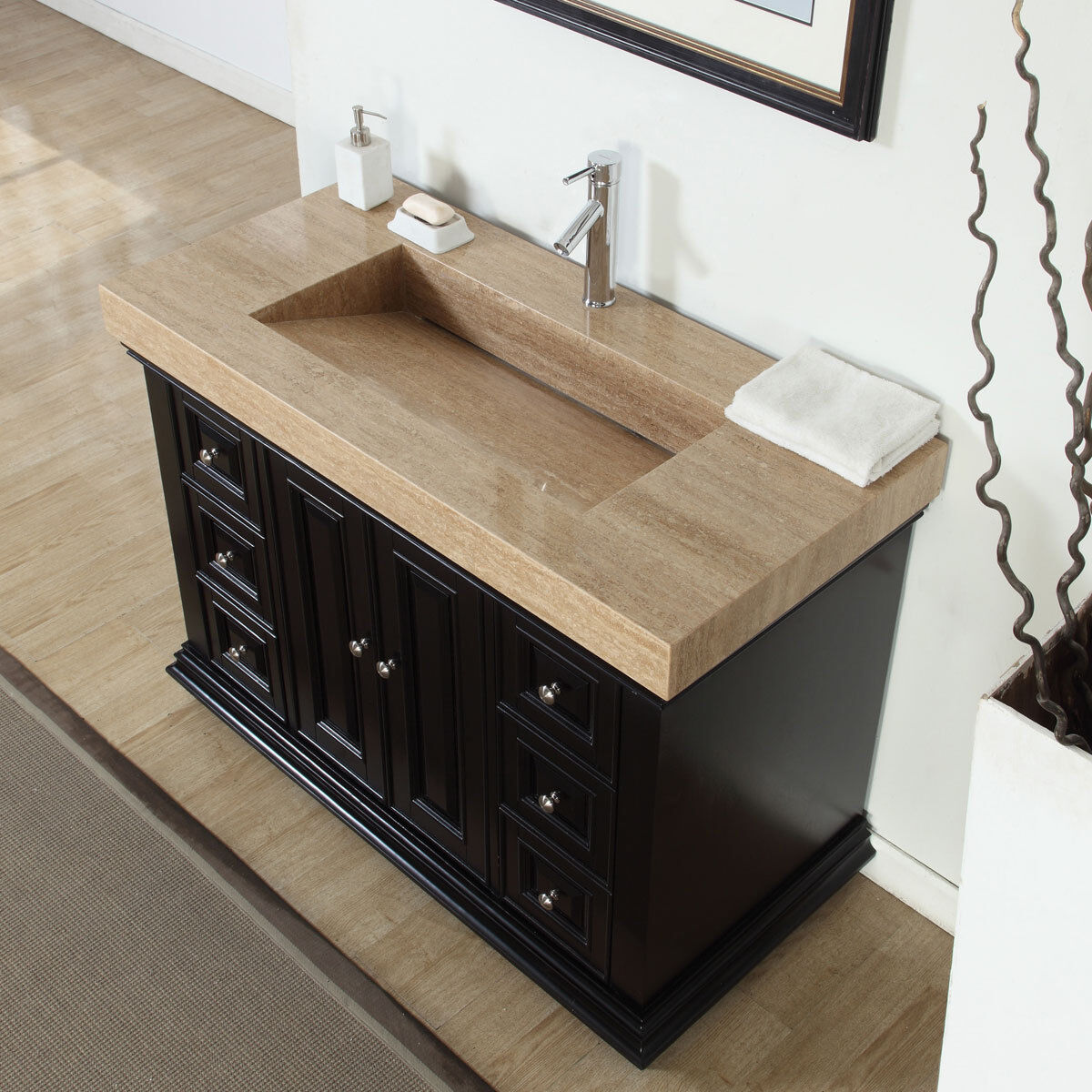 48 Inch Modern Bathroom Single Vanity Cabinet Travertine Top Ramp