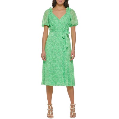 Женское зеленое шифоновое дневное платье миди с пышными рукавами DKNY 4 BHFO 0128