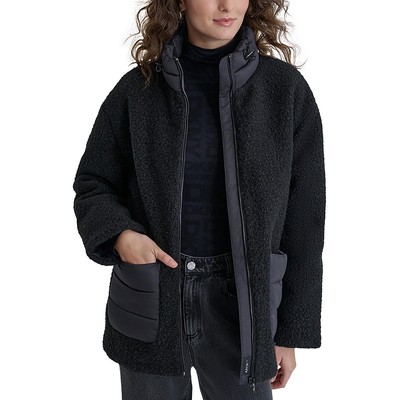 Женская черная куртка из искусственной овечьей шерсти с карманами DKNY, теплая флисовая куртка S BHFO 2657