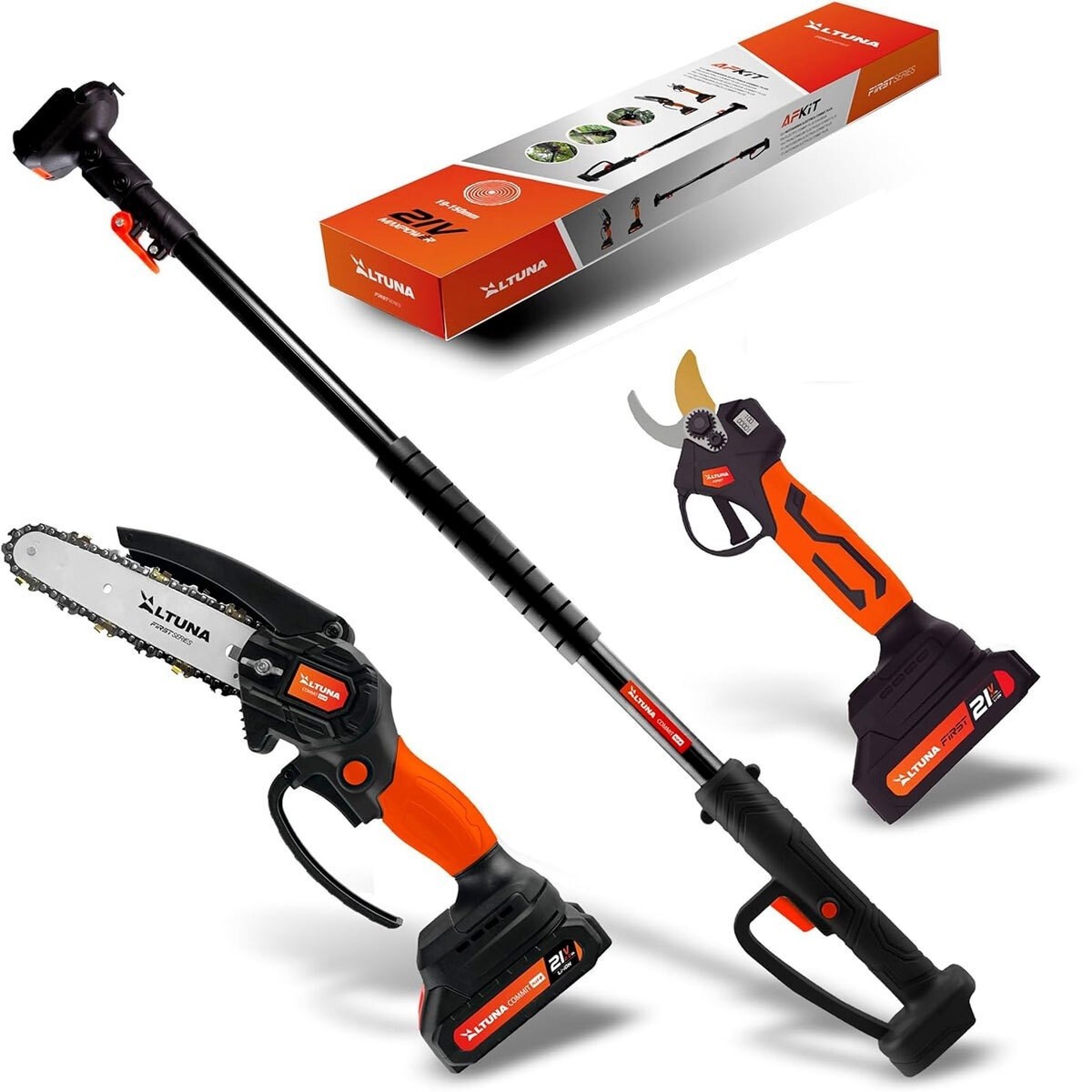 KIT POTATURA ELETTROSEGA MOTOSEGA E FORBICE A BATTERIA 21V CON ASTA TELESCOPICA