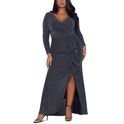 

Женское черное вечернее платье цвета металлик с рюшами Betsy - Adam  BHFO 9761, Black/silver