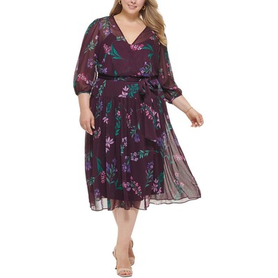 Женское фиолетовое шифоновое платье Calvin Klein с цветочным принтом и расклешенной юбкой Plus 16W BHFO 6442