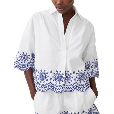 French Connection Womens Cotton Embroidered Blouse Button-Down Top BHFO 6778