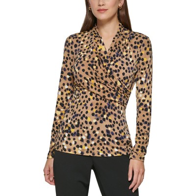 DKNY Womens Brown Faux Wrap Print Pullover Top Shirt Petites PS BHFO 9876