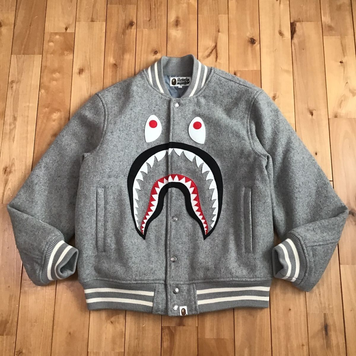 ジャケット・アウター A Bathing Ape Jacket BAPE SHARK XL BAPE Melton Shark Varsity Jacket Gray A Bathing Ape Size L