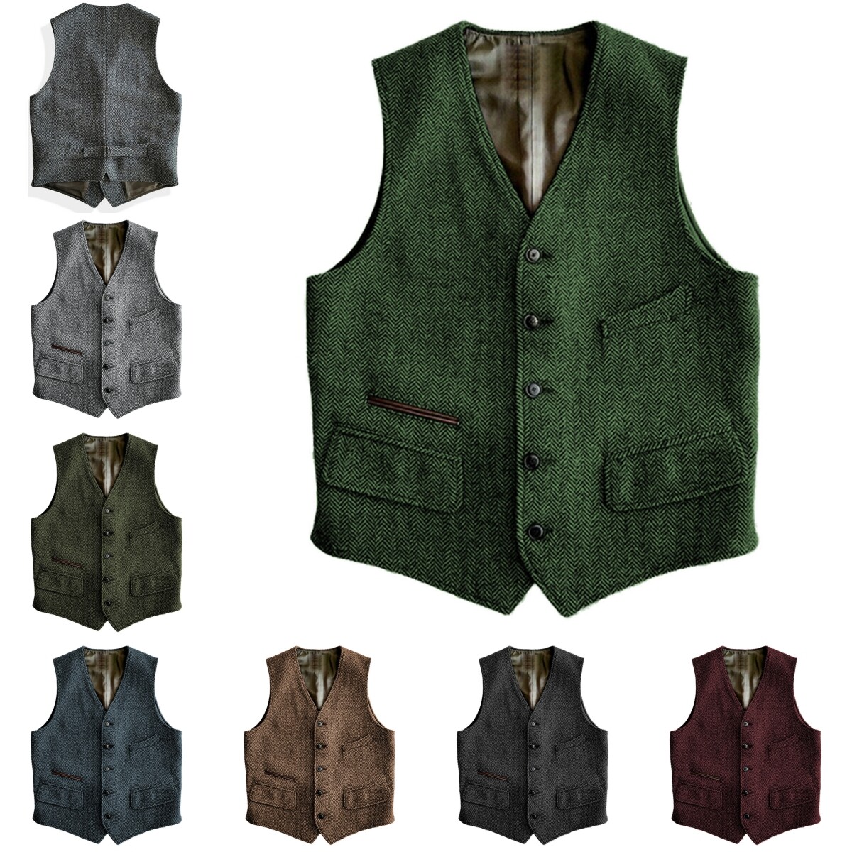 Mens Tweed Vest Vintage Cowboy Hunting Herringbone Wool Vests M Large XL XXL 3XL