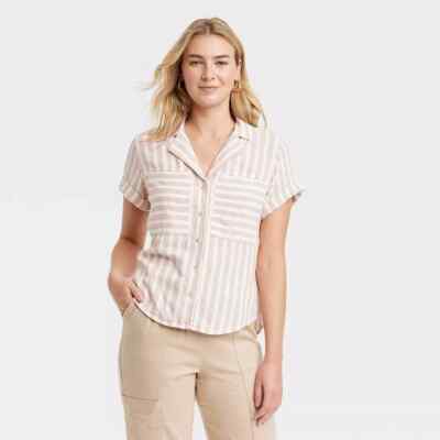 WOMEN'S SIZE XS LINEN SHORT SLEEVE TAN & WHITE STRIPE SHIRT-UNIVERSAL THREAD