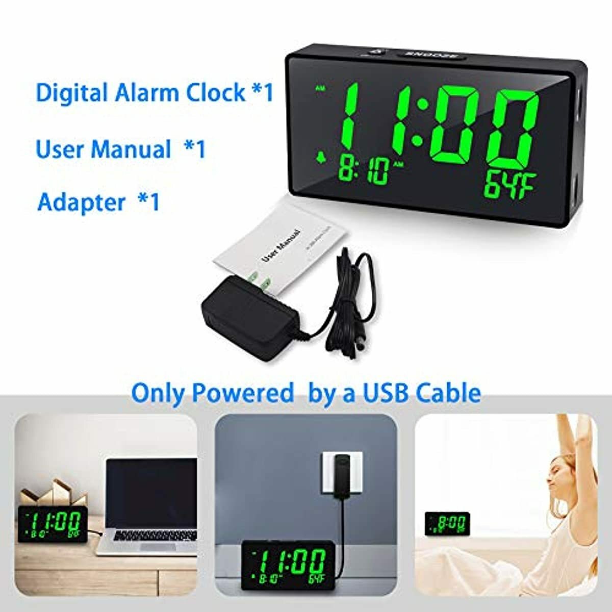 Small Alarm Clock for Bedroom Little Desk Green Digital with USB Charger Port A