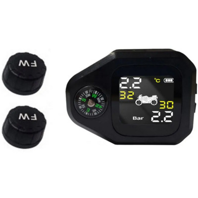 TPMS Motorcycle Tire Tyre Pressure Monitor System Compass w/ 2 External Sensors