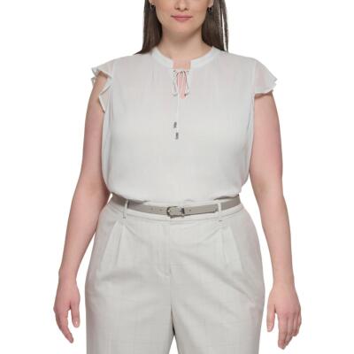 Calvin Klein Womens Ruffled Tie-Neck Cap Sleeve Blouse Shirt Plus BHFO 7339